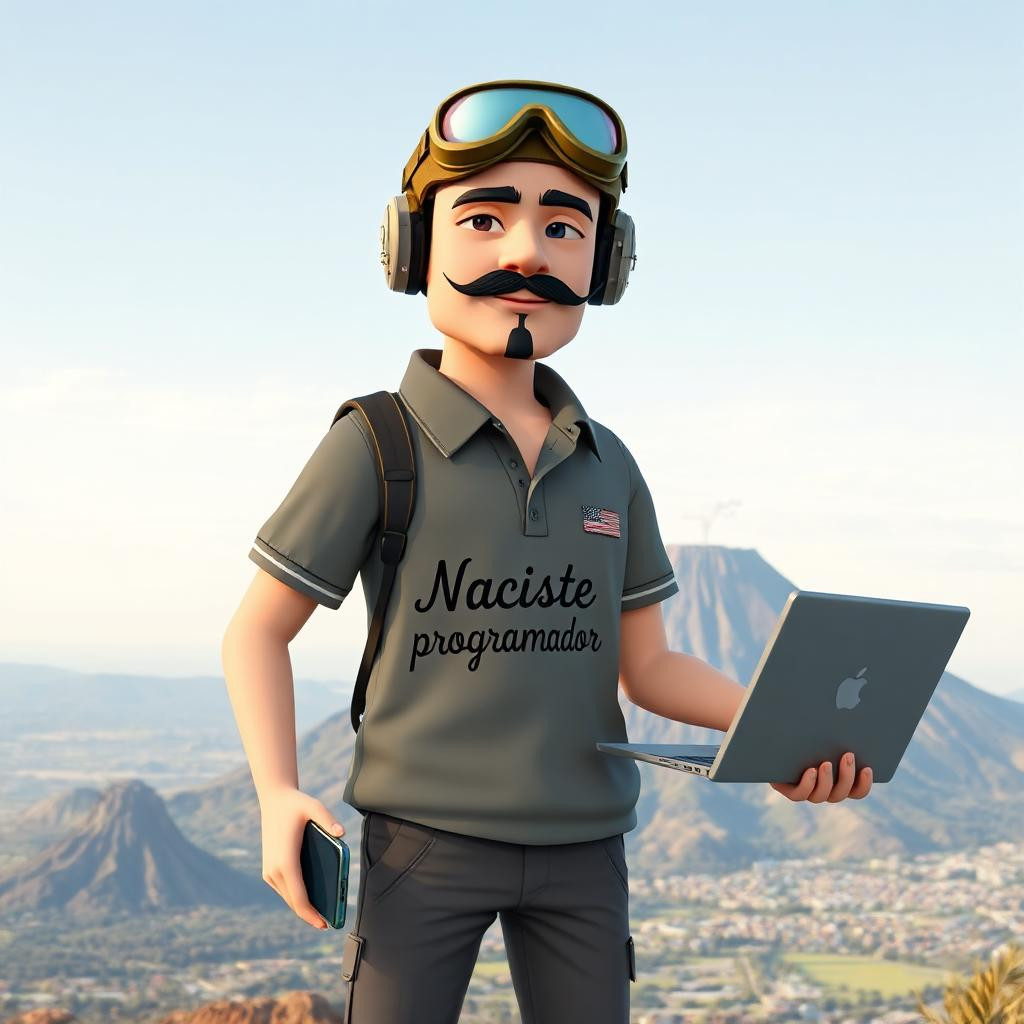 Un programador moderno usando un casco y lentes de piloto trasmitiendo la idea que está usando IA copilot. Tiene una laptop en una mano y en la otra un smartphone.
Al fondo hay un volcán y una ciudad. El volcán es el Misti y la ciudad es Arequipa, Perú.